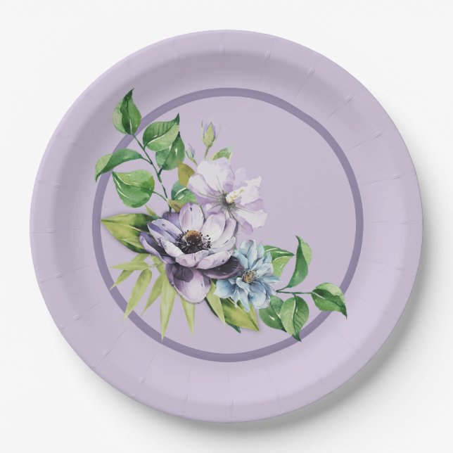 Purple Poppy Watercolor Floral Paper Plates (Front)