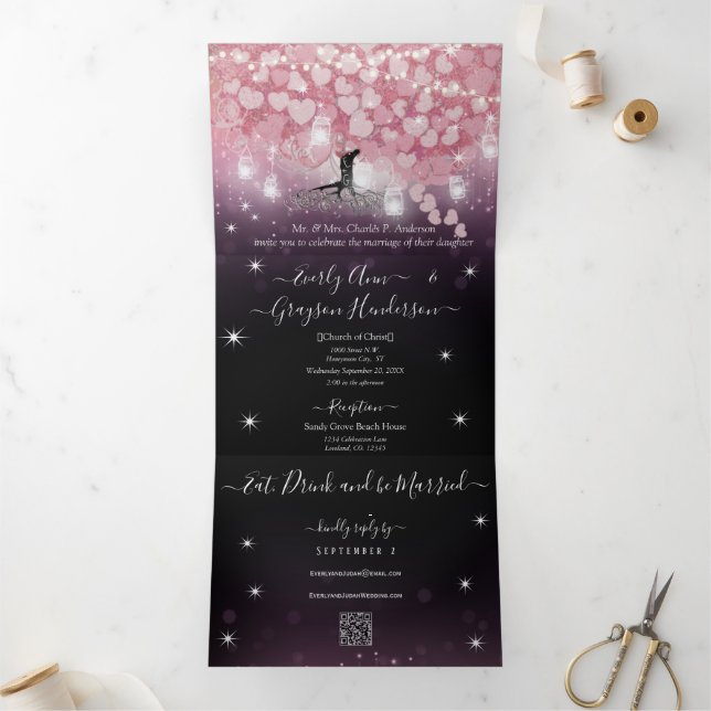Purple Powder Pink and Black Heart Leaf Wedding Tri-Fold Invitation (Inside)