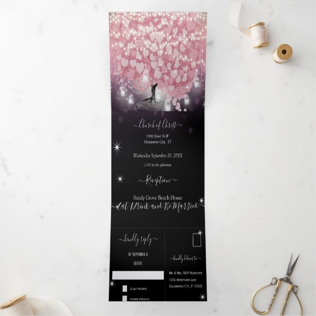 Purple Powder Pink and Black Heart Leaf Wedding Tri-Fold Invitation (Inside)