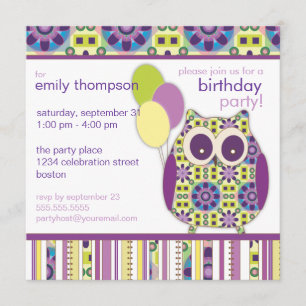 Purple Power Birthday Owl Party Invitation