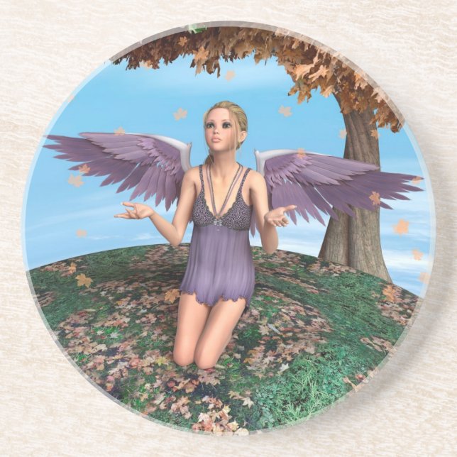 Purple Praying Angel Autumn Fantasy Art Drink Coaster (Front)