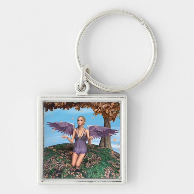 Purple Praying Angel Autumn Fantasy Art Keychain (Front)