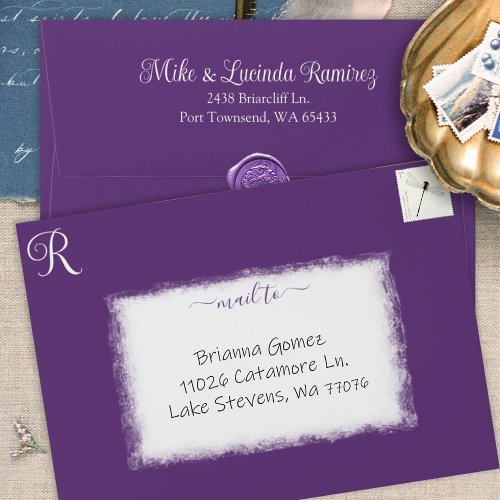 Purple Pre_addressed 5x7 Monogram Quinceanera Envelope