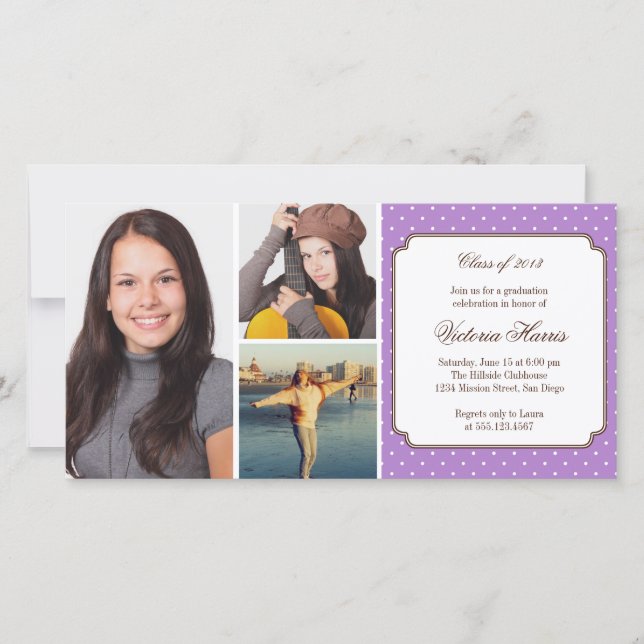 Purple preppy polka dot graduation announcement (Front)