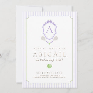 Purple Preppy Tennis Crest 1st Birthday invite