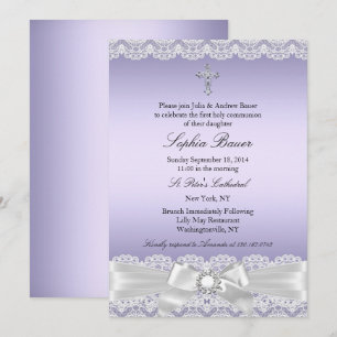 Purple Pretty Bow Cross Holy Communion Invitation