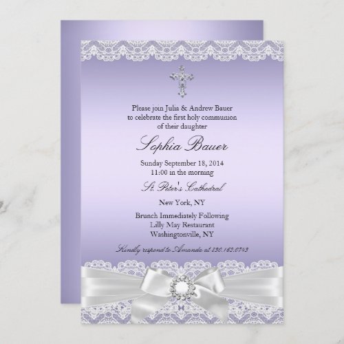 Purple Pretty Bow Cross Holy Communion Invitation