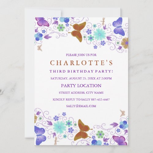 Purple Pretty Butterfly Birthday Invitation