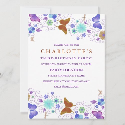 Purple Pretty Butterfly  Birthday Invitation