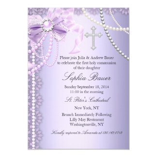 Purple Pretty Pearl Bow Cross First Holy Communion Card