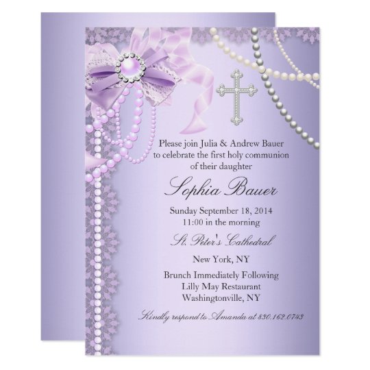 Purple Pretty Pearl Bow Cross First Holy Communion Invitation