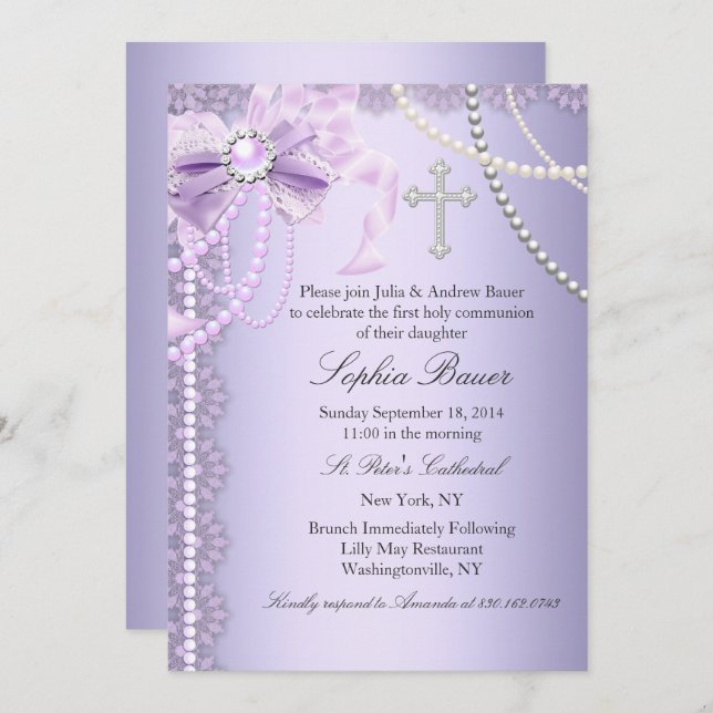 Purple Pretty Pearl Bow Cross First Holy Communion Invitation (Front/Back)