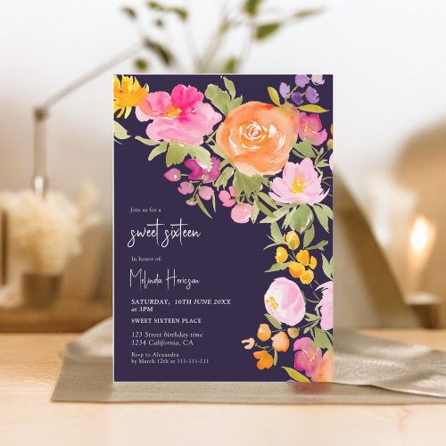 Purple Pretty romantic summer floral sweet 16 Invitation