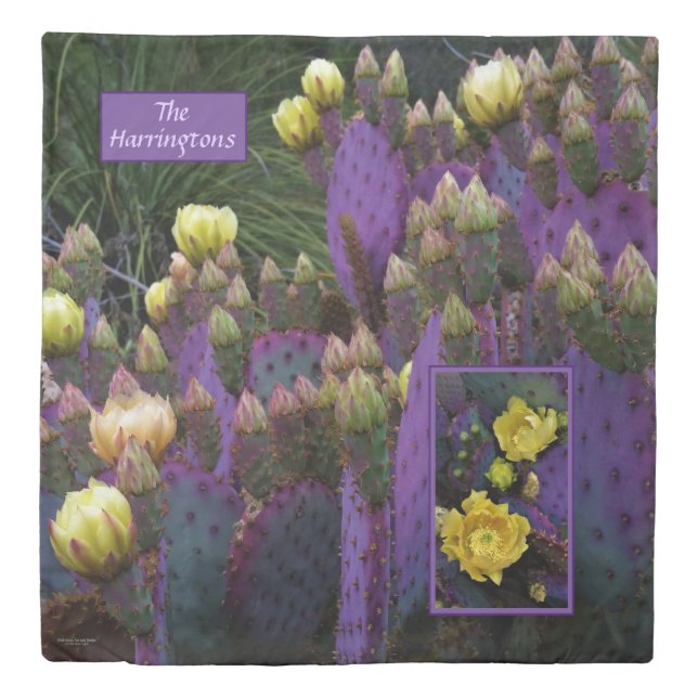 Purple Prickly Pear Opuntia Cactus Yellow Flowers Duvet Cover (Front)
