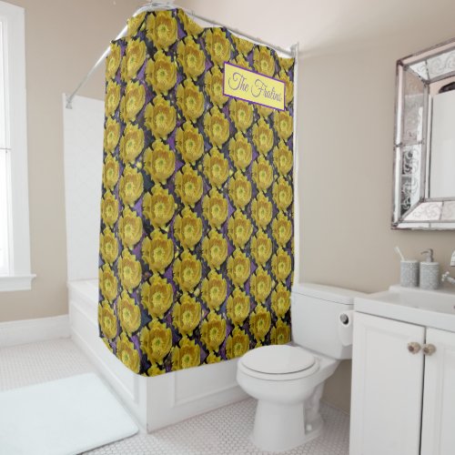 Purple prickly pear opuntia cactus yellow flowers shower curtain