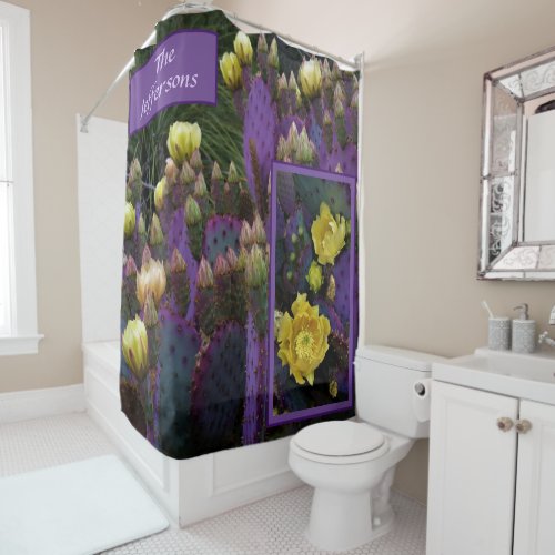 Purple Prickly Pear Opuntia Cactus Yellow Flowers Shower Curtain