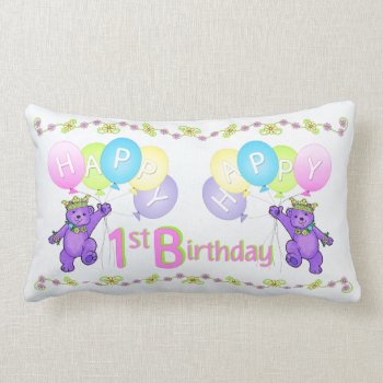 Purple Princess Bears 1st Birthday Lumbar Pillow by anuradesignstudio at Zazzle
