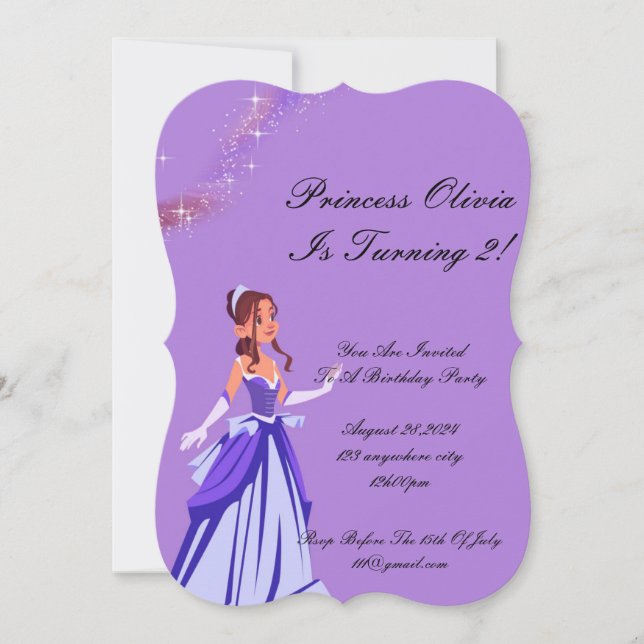 Purple princess birthday invitation for girls (Front)