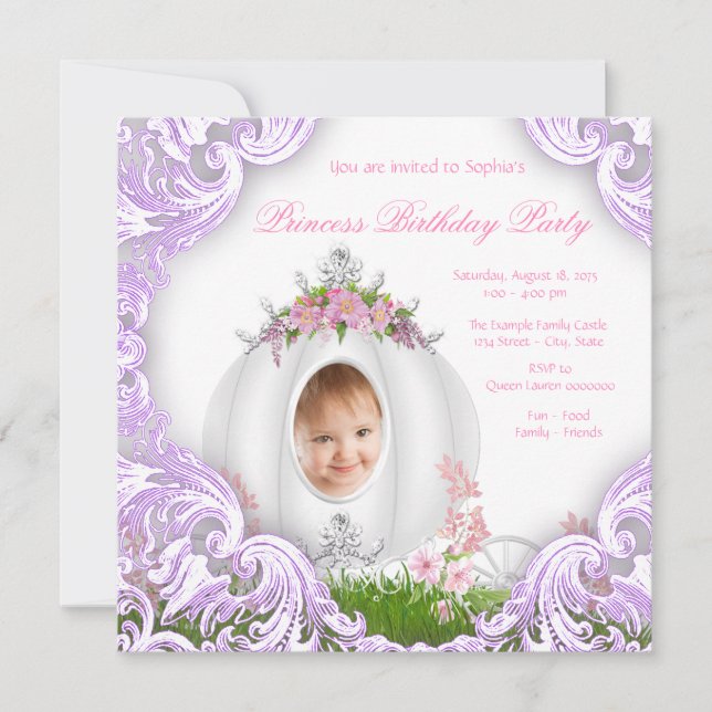 Purple Princess Carriage Photo Birthday Party Invitation (Front)