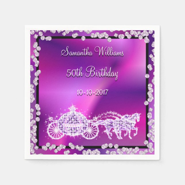 Purple Princess Coach & Horses 50th Birthday Napkins (Front)