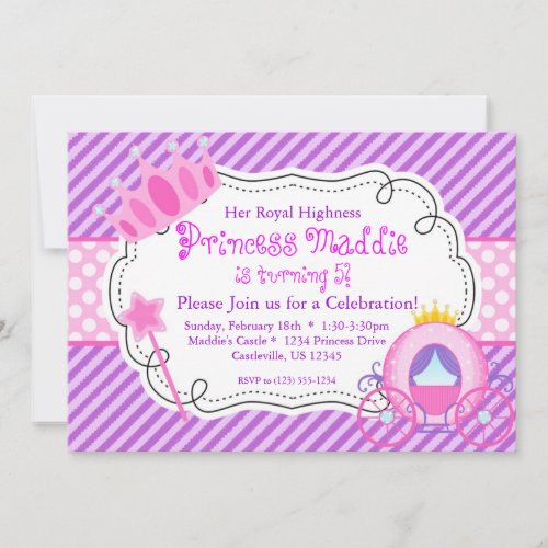 Purple Princess Crown and Carriage Birthday Party Invitation
