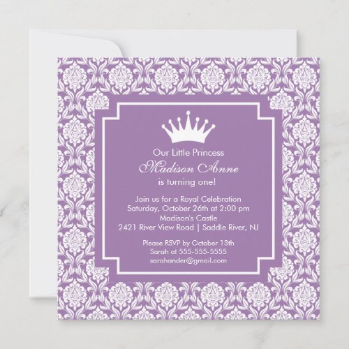 Purple Princess Crown Birthday Party Invitation