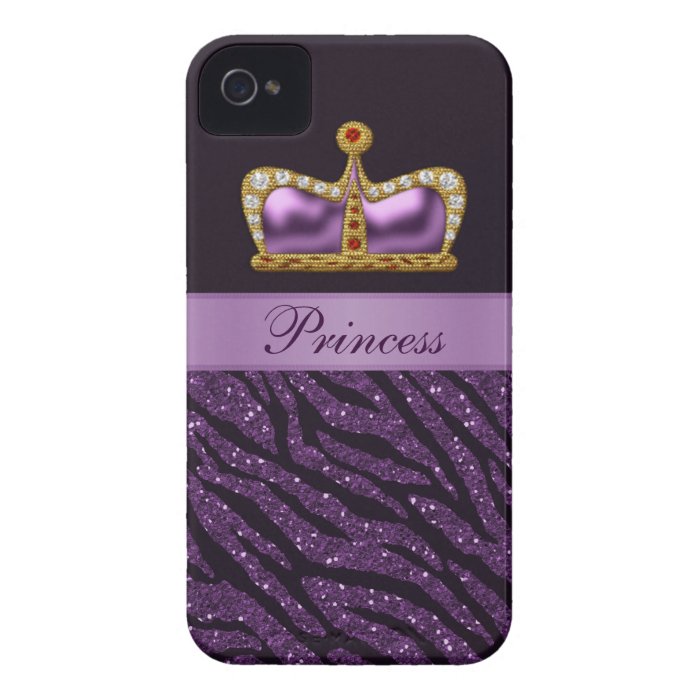 Purple Princess Crown Faux Glitter Zebra Print Case Mate iPhone 4 Cases