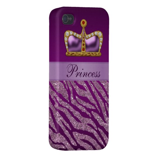 Purple Princess Crown Faux Glitter Zebra Print iPhone 4 Case