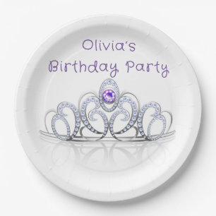 Purple Princess Diamond Crown Birthday Party Paper Plates