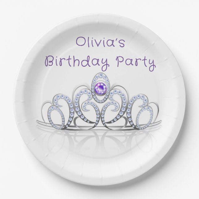 Purple Princess Diamond Crown Birthday Party Paper Plates (Front)