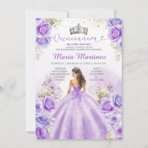Purple Princess Dresses Floral Silver Quinceañera Invitation