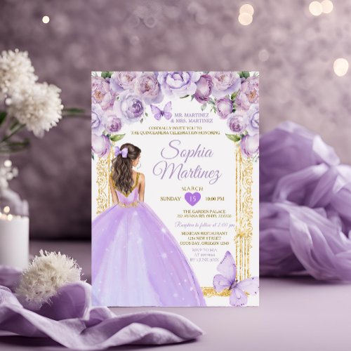 Purple Princess Dresses Lavender Floral Mis Quince Invitation