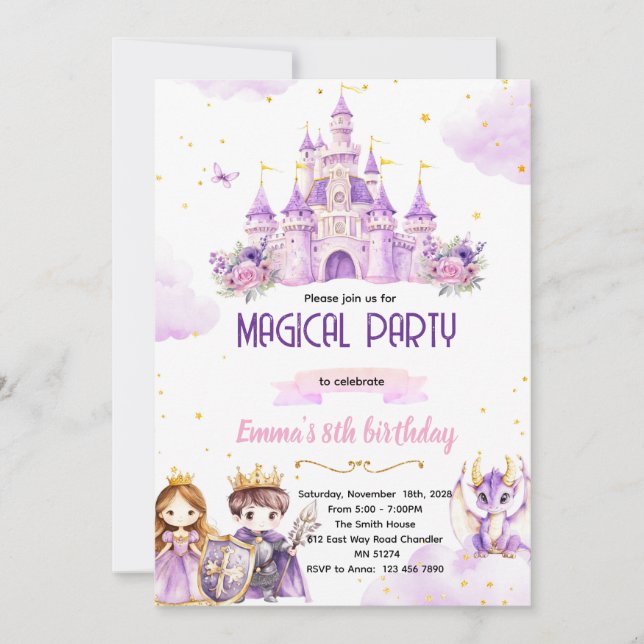 Purple princess knight birthday invitation (Front)