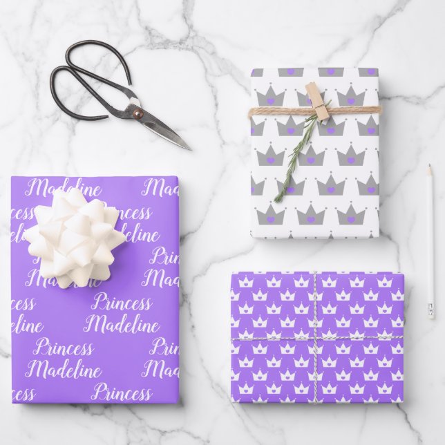 Purple Princess Name & Princess Crowns Wrapping Paper Sheets (Front)