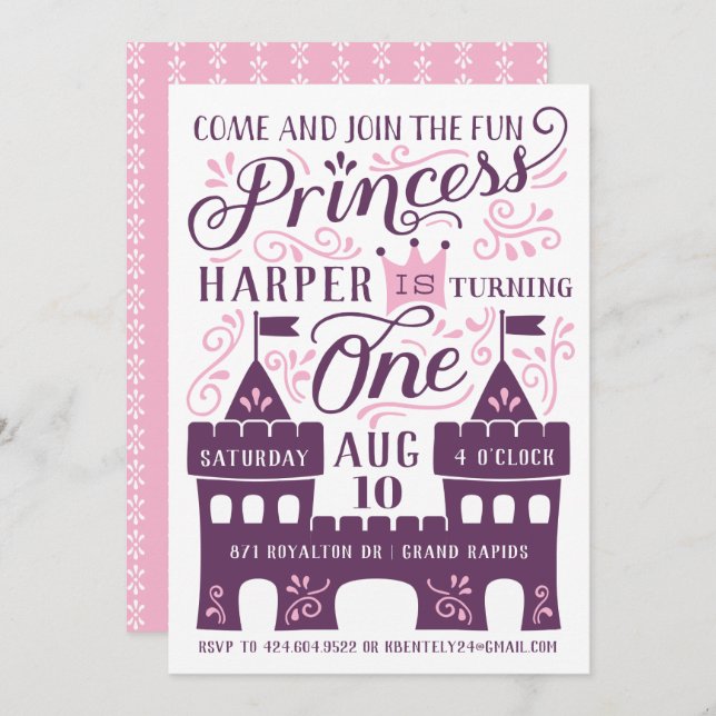 Purple Princess Party First Birthday Invitations (Front/Back)