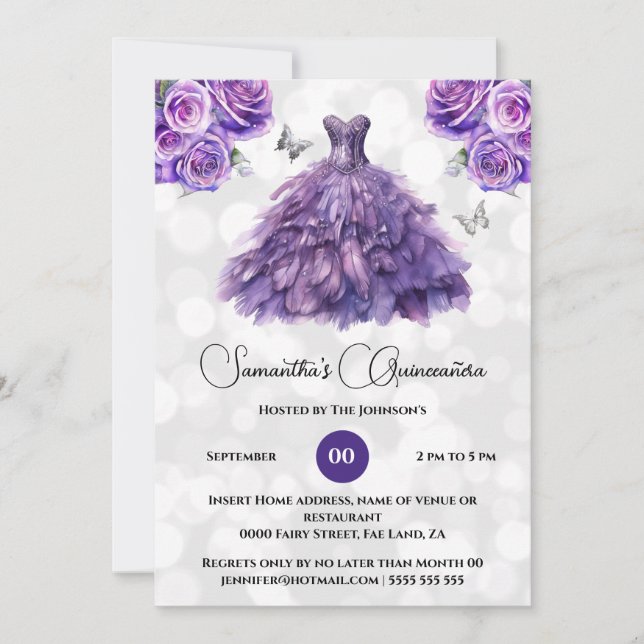 Purple princess Quinceañera fantasy ballgown roses Invitation (Front)