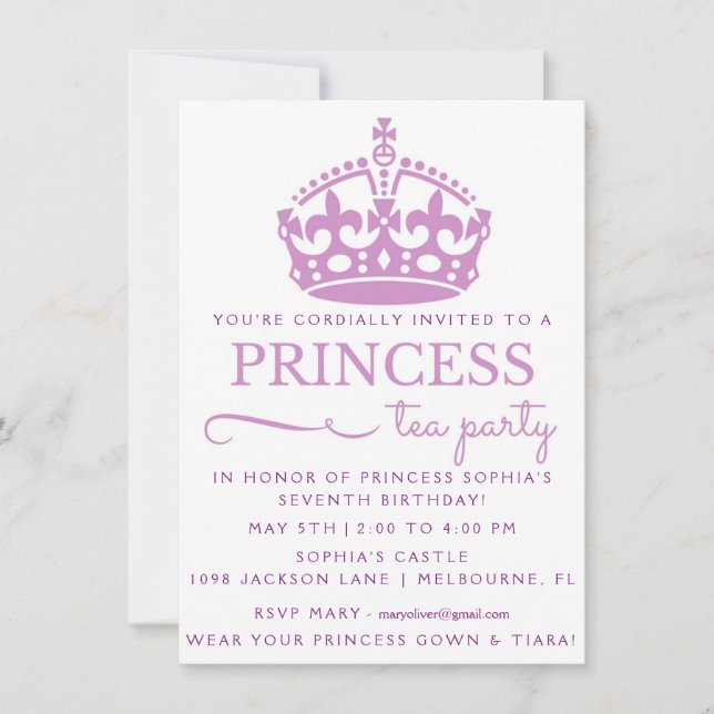 Purple Princess Tea Party Birthday Invitations (Front)