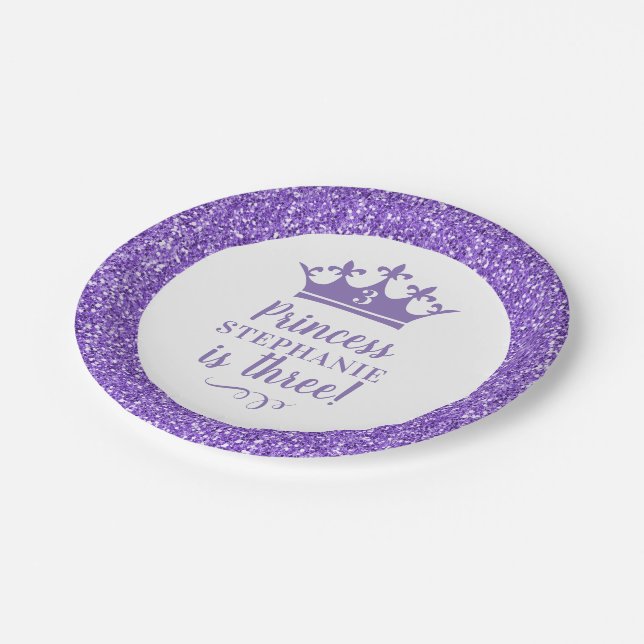 Purple Princess Tiara Crown Glitter Girl'sBirthday Paper Plates (Angled)