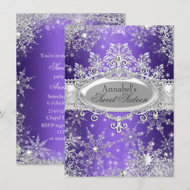 Purple Princess Winter Wonderland Sweet 16 Invite (Front/Back)