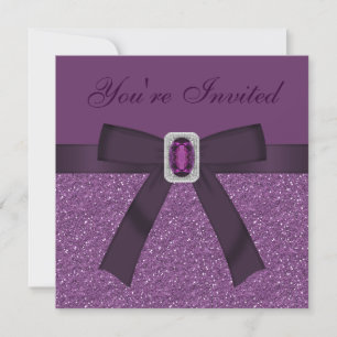 Purple Printed Glitter & Amethyst & Diamond Bling Invitation