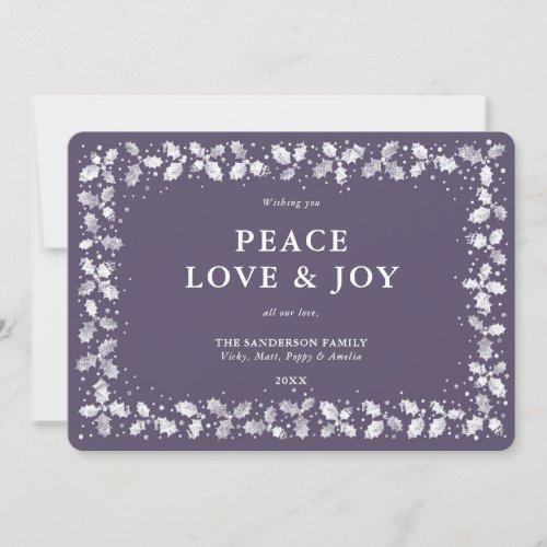 Purple Printed Holly Leaves Border Flat Non Photo Holiday Card