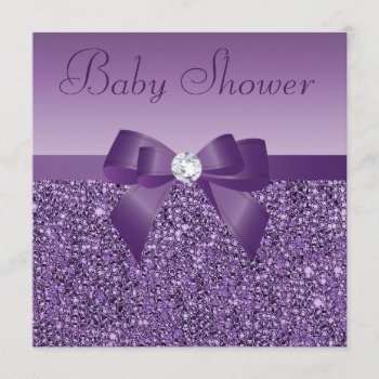 Purple Printed Sequins Bow & Diamond Baby Shower Invitation by AJ_Graphics at Zazzle