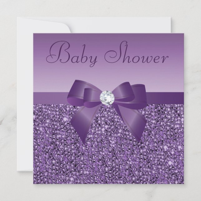 Purple Printed Sequins Bow & Diamond Baby Shower Invitation (Front)
