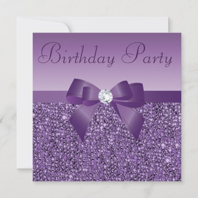Purple Printed Sequins Bow & Diamond Birthday Invitation (Front)