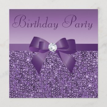 Purple Printed Sequins Bow & Diamond Birthday Invitation by AJ_Graphics at Zazzle