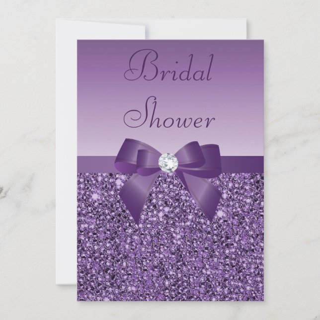 Purple Printed Sequins Bow & Diamond Bridal Shower Invitation (Front)