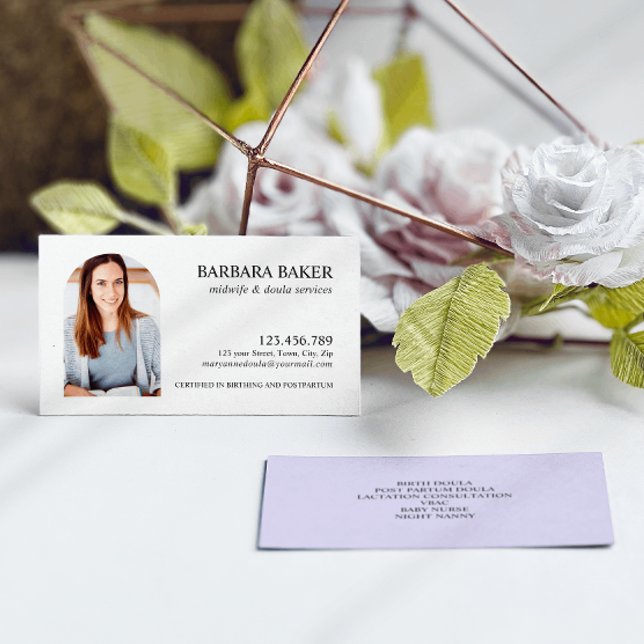 Purple Professional Midwife Doula Photo Arch  Business Card (Creator Uploaded)