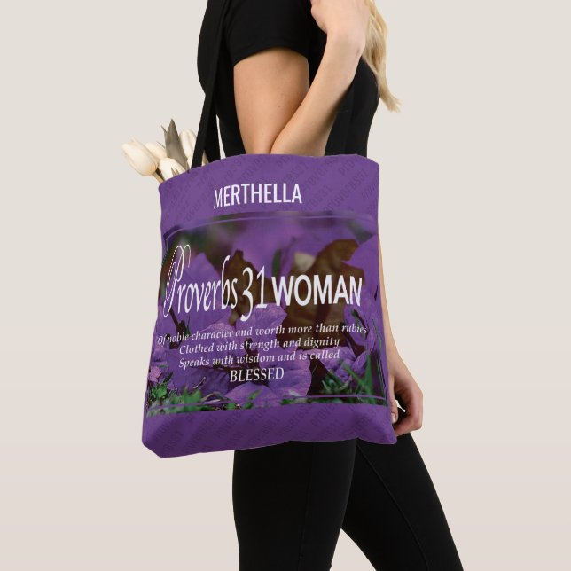 Purple Proverbs 31 Tote Bag (Close Up)