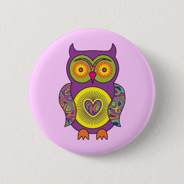 Purple Psychedelic Owl Pinback Button (Front)