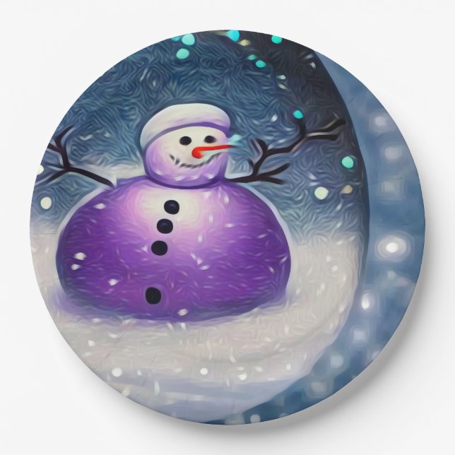 Purple Pudgy Painted Snowman Paper Plates (Front)